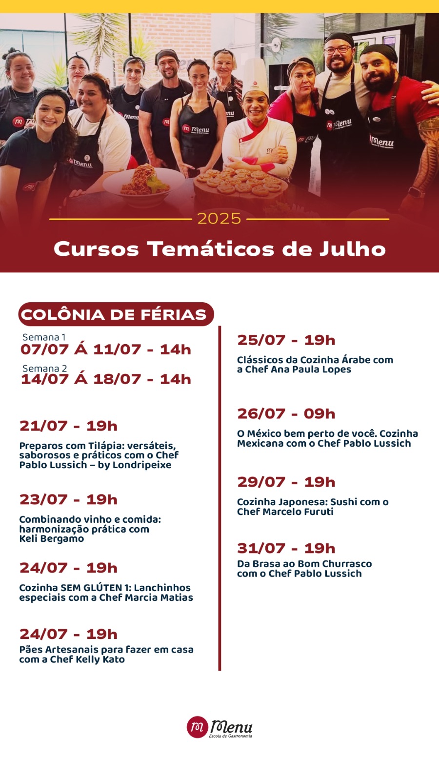 Menu divulga os cursos gastronômicos de julho: associados AML têm 10% de desconto