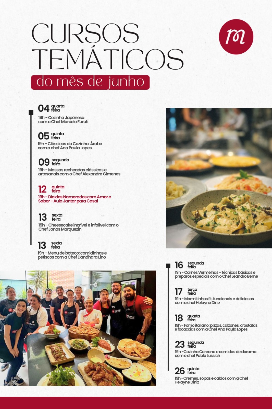 Menu divulga programação de cursos gastronômicos para junho com desconto para associados da AML